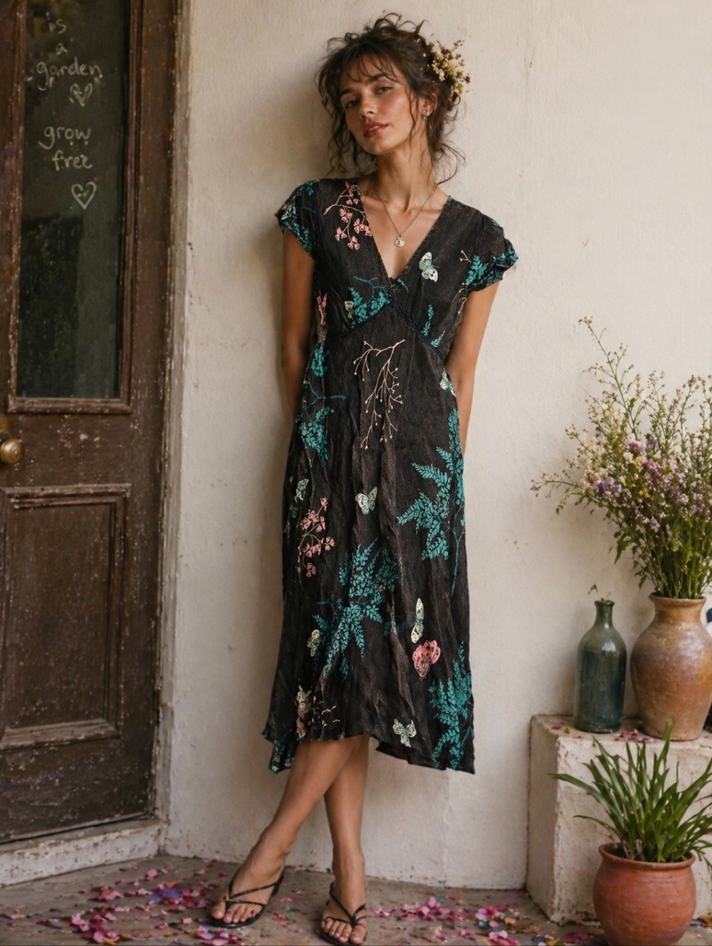 Vintage 90s April Cornell Butterfly Dress Size S Split Sleeve Beaded Fairy Y2K
